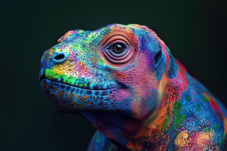 A vividly colored lizard displays a striking array of patterns while resting quietly.の写真素材