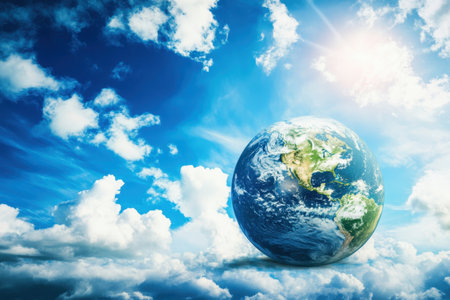 The Earth appears vividly against a backdrop of fluffy clouds and a shining sun in a blue sky.の写真素材