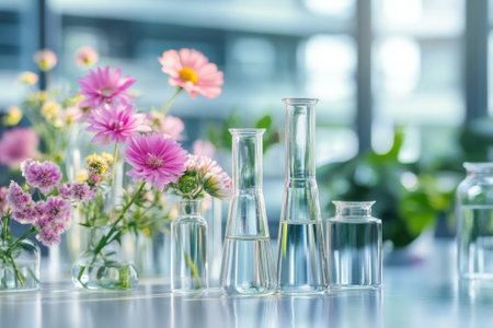 Colorful flowers are arranged in various glass vases on a table, showcasing a blend of nature and science.の写真素材
