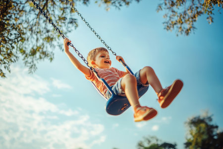 A young boy swings high with excitement, smiling under a clear blue sky surrounded by trees.の写真素材