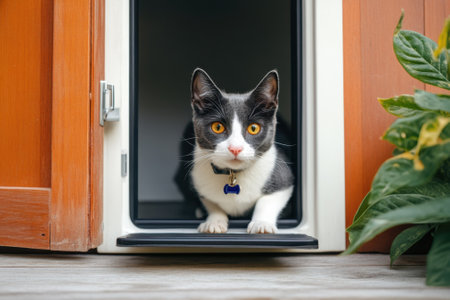 A playful cat with bright eyes stands at the entrance of a cat door, ready to venture outside.の写真素材