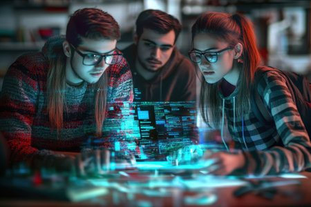 Three young adults focus on a holographic data display while collaborating on a project in a tech setting.の写真素材