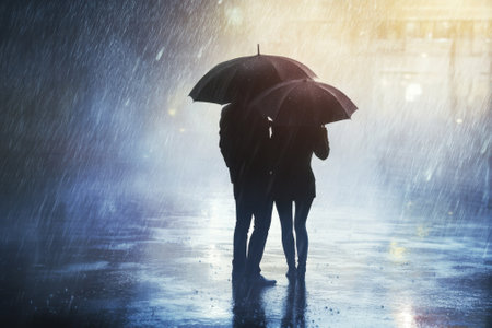 A couple takes shelter under umbrellas as rain falls heavily on a city street at night.の写真素材
