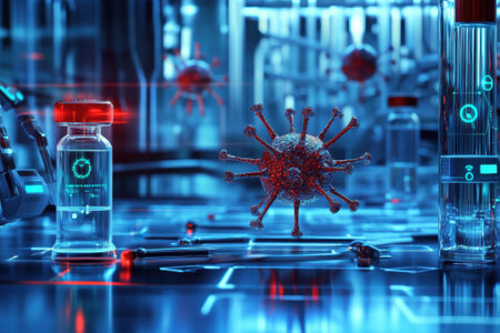 A lab showcases vials of samples and a detailed virus model, showing active research.の写真素材