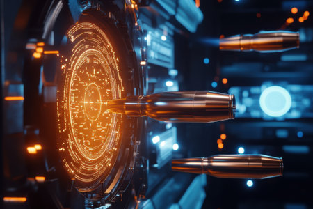 Metal bullets are aimed at a glowing, advanced targeting system in a high-tech environment.の写真素材