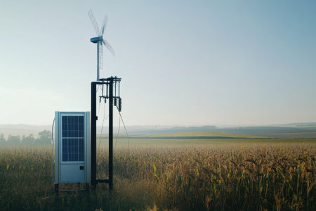 A wind turbine and solar panel system stand tall in an open field under a clear sky, promoting sustainable energy.の写真素材