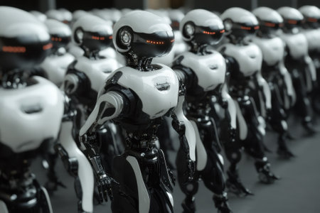 Robots stand in formation, showcasing advanced technology at a bustling exhibition event during the day.の写真素材