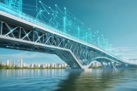 A futuristic bridge spans tranquil waters, illuminated by digital connections and bright technology-inspired graphics.の写真素材