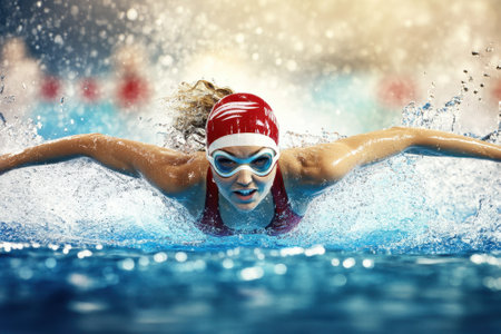 Female athlete performs butterfly stroke with determination in a competitive swimming race.の写真素材