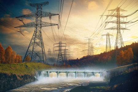 Towering power lines traverse a picturesque valley near a river, with a bridge emerging in the dusky light.の写真素材