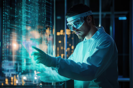 A scientist wearing protective gear examines digital information displayed in a high-tech lab setting.の写真素材
