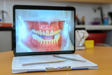 A dental model is shown on a tablet screen in a clinic setting, surrounded by dental tools and paperwork.の写真素材