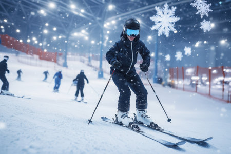 Skiers glide down the slopes at an indoor ski resort during a nighttime snow experience.の写真素材
