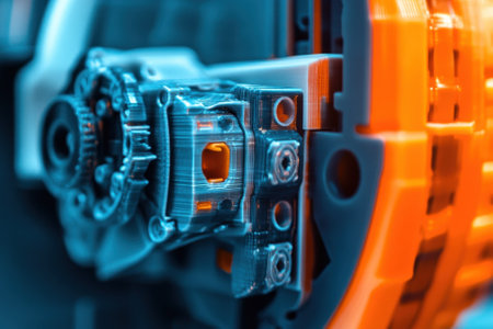 Detailed inspection of complex mechanical components in a workshop setting during the daytime.の写真素材