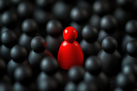 A striking red figure is prominently positioned among numerous black figures, illustrating individuality.の写真素材