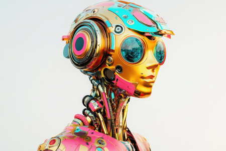 A detailed robotic figure displays colorful metallic elements and large, engaging eyes, set against a simple backdrop.の写真素材