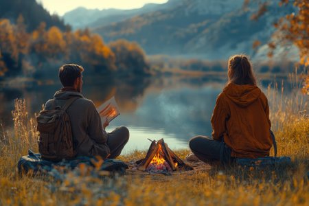 Two friends relax by a calm lake, sharing stories around a warm campfire amidst autumn colors.の写真素材
