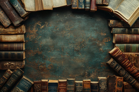 Leather-bound books are thoughtfully arranged around a vintage, textured surface, creating a scholarly vibe.の写真素材