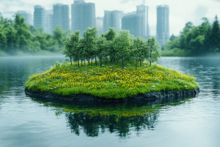 A small island features lush greenery and colorful flowers, set in a peaceful lake by a bustling city.の写真素材