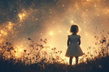 A small child stands in a field, looking up at a breathtaking cosmic display filled with stars.の写真素材