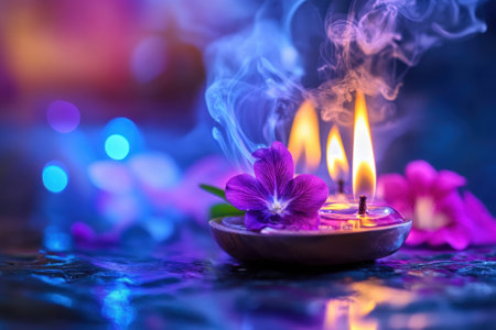 Candle flames dance above fragrant flowers, creating a serene, colorful ambiance with drifting smoke.の写真素材