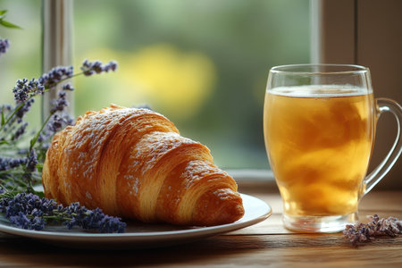 A golden croissant rests on a plate next to a glass of herbal tea, with flowers adding a touch of color.の写真素材