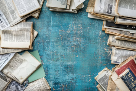 A diverse assortment of vintage books and newspapers is spread out on a blue background.の写真素材