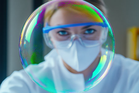 A scientist examines a colorful soap bubble while wearing a mask and goggles in a bright laboratory.の写真素材