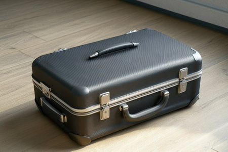 A sleek black suitcase is placed on a smooth wooden floor, illuminated by natural light from a nearby window.の写真素材