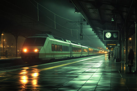 A train approaches a quiet station illuminated by streetlights, with reflections on the wet platform tiles.の写真素材