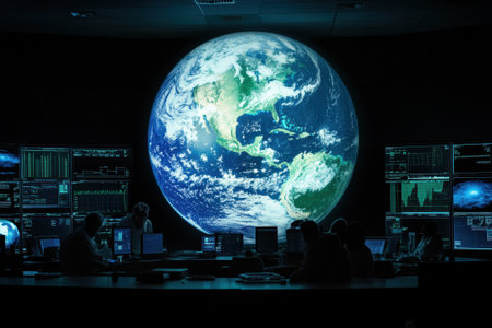 A group of scientists analyzes data in a high-tech control room featuring a large projection of Earth.の写真素材