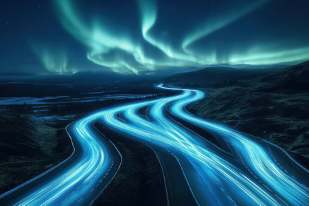 A breathtaking display of northern lights dances over a winding road, creating a magical nighttime atmosphere.の写真素材