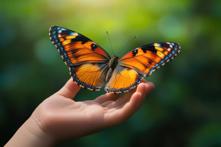 A child extends her hand while a beautifully colored butterfly lands softly on her palm in a garden.の素材
