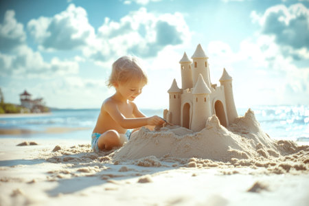 A young child sits on the beach, focused on sculpting a detailed sandcastle with towers and walls as waves roll in.の写真素材