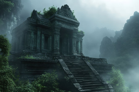 An ancient temple stands shrouded in mist, surrounded by lush vegetation in a mountainous region at dawn.の写真素材