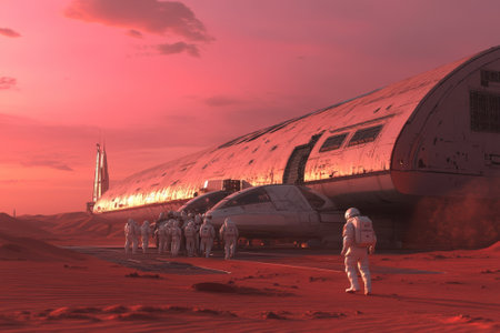 Groups of astronauts walk towards a massive spacecraft under a vibrant pink sky at dusk.の写真素材