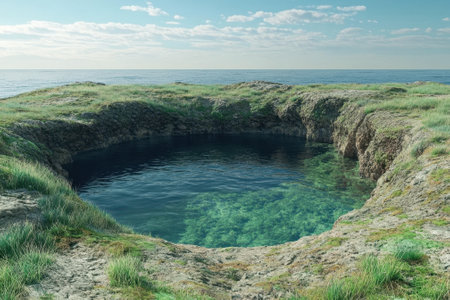 Circular pond with crystal clear water reflects the sky, bordered by lush grass and rocky terrain.の写真素材