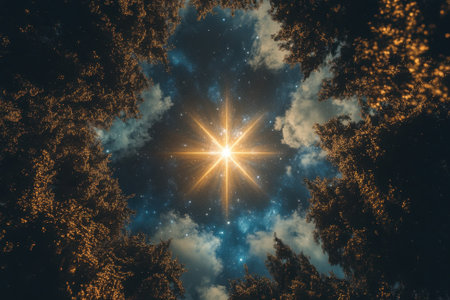 A bright star illuminates the night sky, framed by trees and wispy clouds. The scene evokes calmness.の写真素材