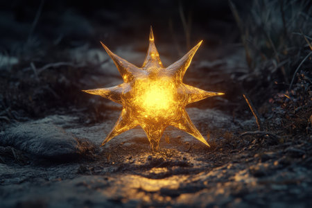 A striking star-shaped object emits a warm glow, illuminating the surrounding ground in a serene twilight environment.の写真素材