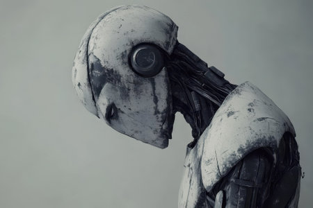 A humanoid robot, showing signs of wear, stands in a minimalist space, head tilted downward in contemplation.の写真素材