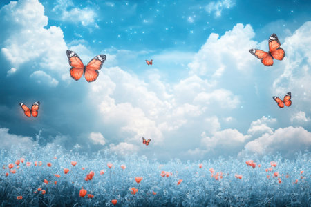 Butterflies in vibrant orange dance across a flower-filled field beneath a clear blue sky with soft clouds.の素材