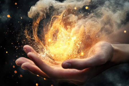 A hand is held open, releasing vibrant flames and sparkling embers against a dark background.の写真素材