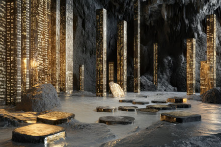 An otherworldly cave features glowing pillars, reflecting in calm water, creating a serene atmosphere.の写真素材