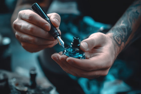 An artist focuses on filling a fountain pen with colorful ink, preparing for detailed artwork.の写真素材