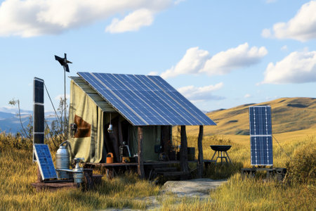 A sustainable cabin with solar panels sits in a grassy hillside landscape, showcasing renewable energy solutions.の写真素材