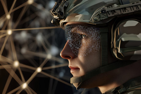 A soldier in tactical gear is focused on intricate data visualizations while wearing a helmet and high-tech interface.の写真素材