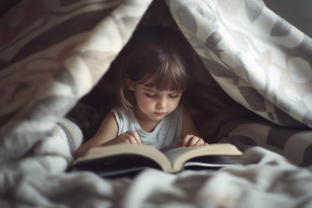 A young child is engrossed in reading a book under a blanket fort, creating a warm, cozy atmosphere.の写真素材