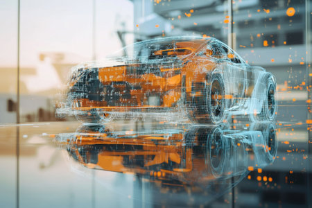 A futuristic car is displayed in a high-tech setting, highlighting advanced design and digital aesthetics.の写真素材