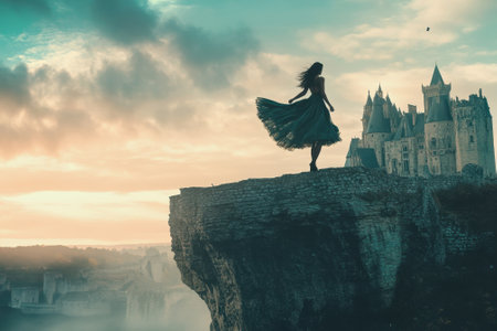 A woman twirls gracefully on a rocky cliff, overlooking a majestic castle under a colorful sunset sky.の写真素材