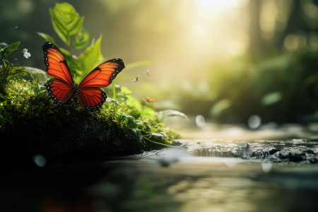 A vibrant butterfly perched on lush leaves next to a gentle stream during a peaceful morning.の写真素材